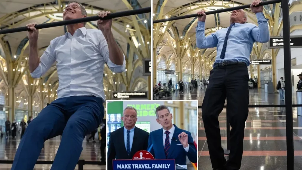 Ndërsa flisnin për investimin prej 1 miliard dollarësh, Sekretari amerikan i Shëndetësisë dhe ai i Transportit stërviteshin në aeroport shiko vidoen